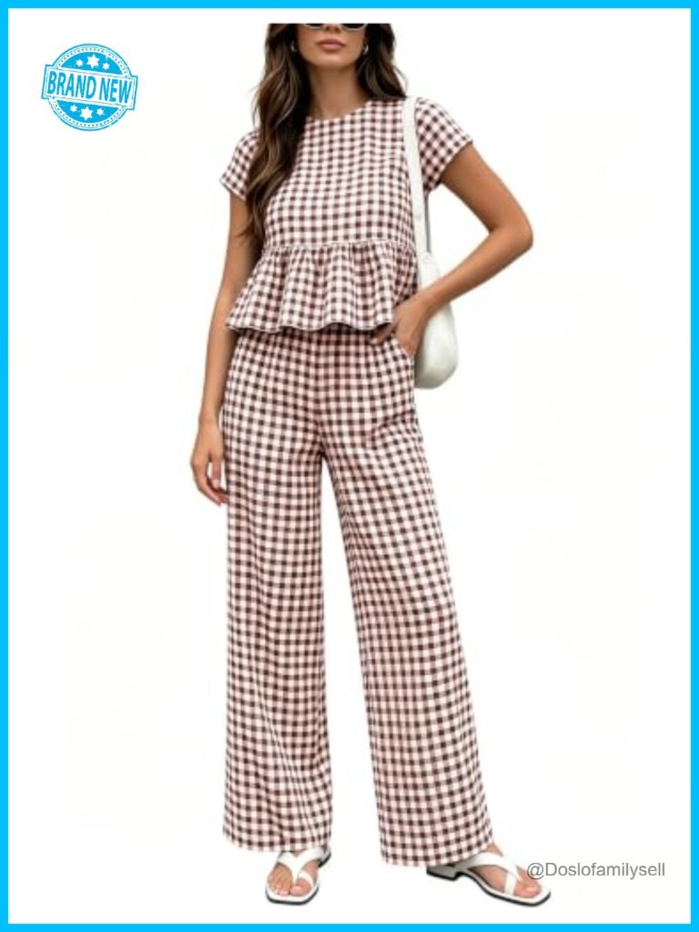 Cotton Gingham Plaid 2-Piece Lounge Set Ruffle Top Wide Leg Pants